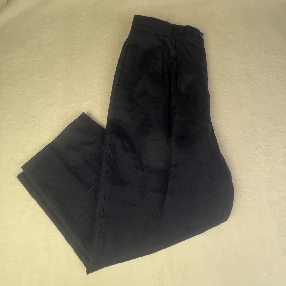 Talbots Pants Womens 16 Blue Linen Pleated Straight Leg Lined Dress Trousers